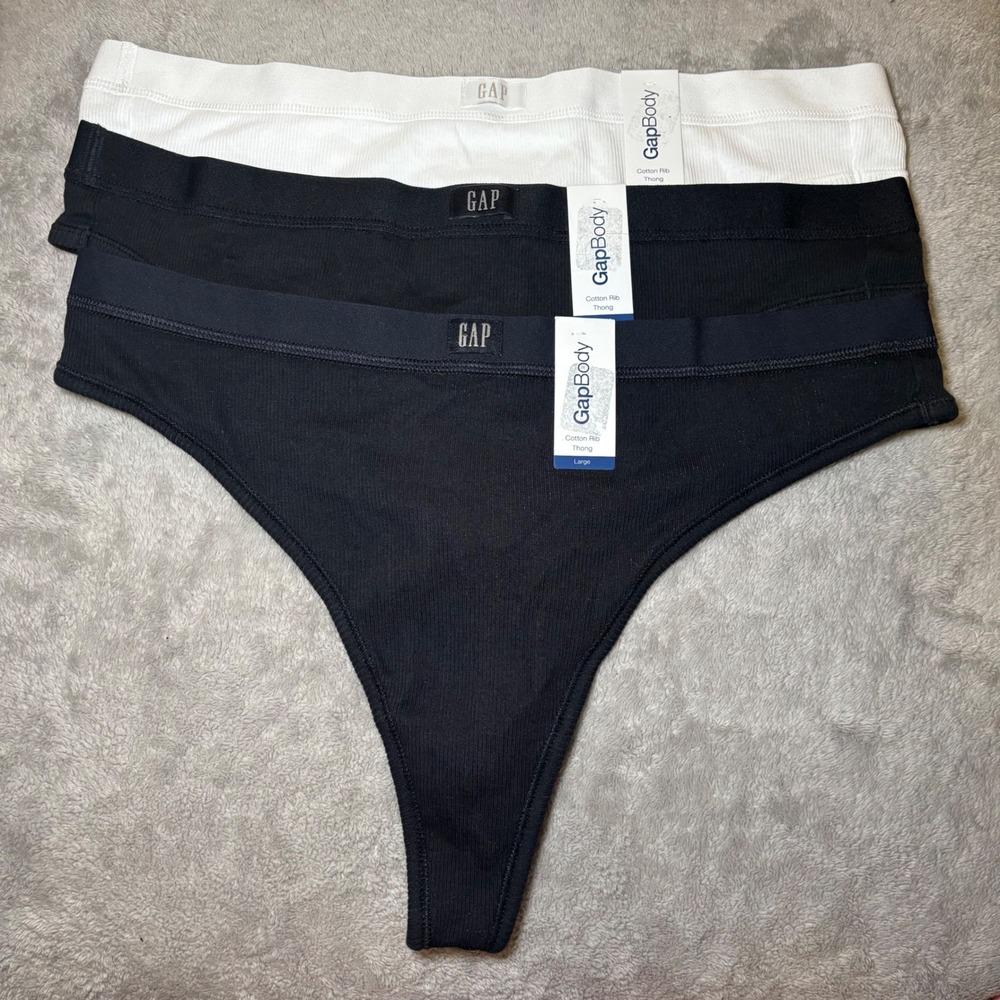 GapBody Womens Cotton Rib Thong Panties 3 Pack Black White Navy Blue Large NWT